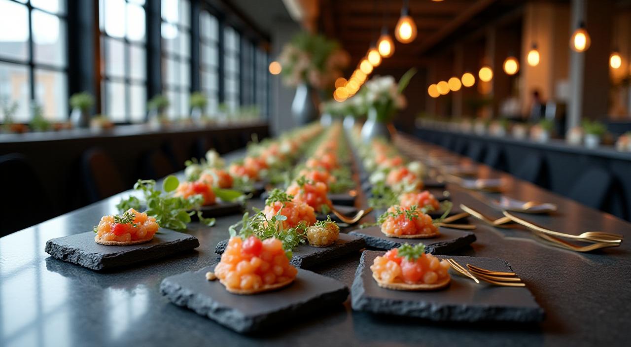 Modernes Corporate Catering Arrangement in einer Berliner Industrie-Location