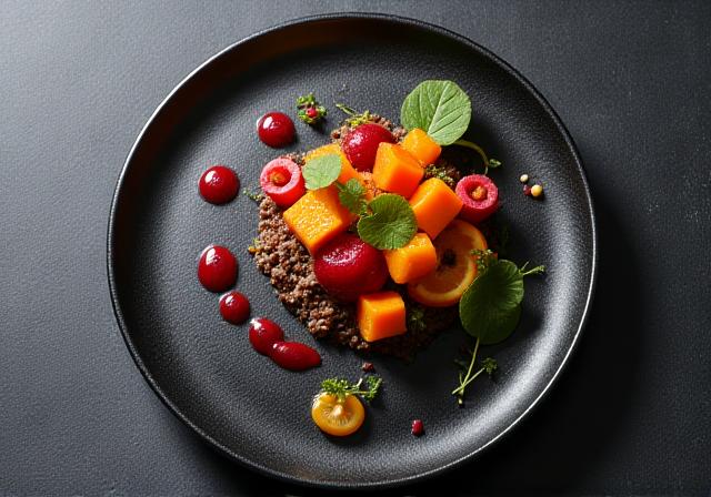 Geometrische Anrichtung von Gourmet-Speisen auf einem dunklen Teller